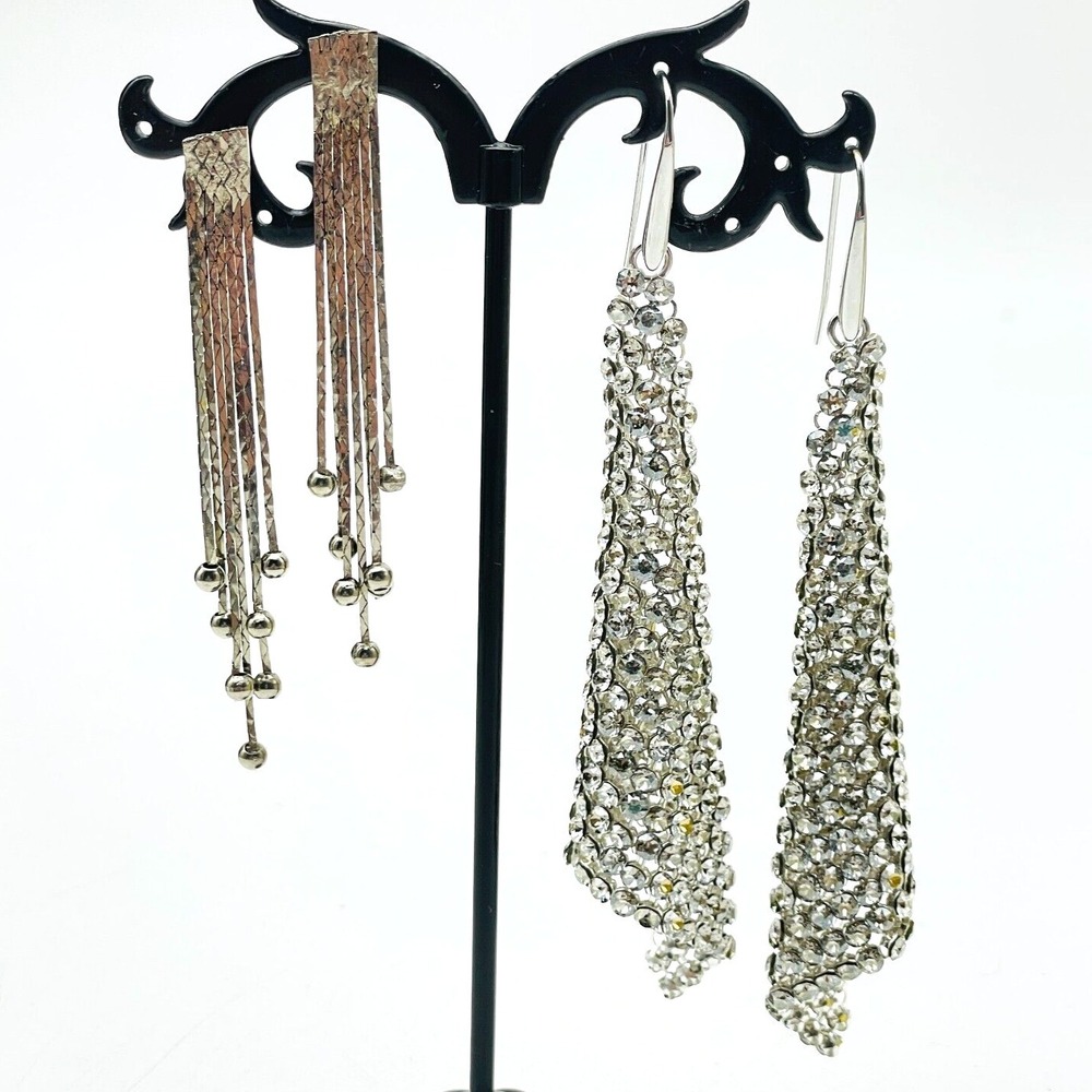 Dangle Earrings Lot of 2 Silver Tone Chain and Fringe Pierced Statement